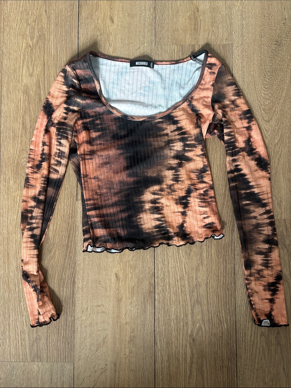 Missguided Orange and Black Tie-Dye Ribbed Long Sleeve Scoop Top